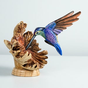 Colorful Hummingbird Statue, Blue, Painted Sculpture, Colorful Art, Nature, Wood Carving Figure, Handmade, Office Decor, Mother Loss Gift