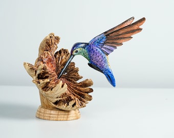 Estatua colorida del colibrí, azul, escultura pintada, figura tallada en madera, estatua de pájaro, decoración de mesa, decoración de oficina, mejor regalo de cumpleaños