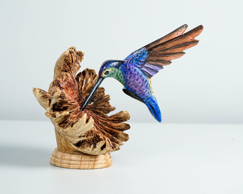 Colorful Hummingbird Statue, Blue, Painted Sculpture, Wood Carving Figure, Bird Statue, Table Decor, Office Decor, Best Birthday Gift No