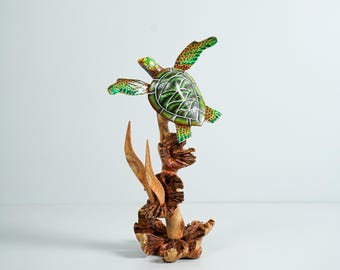 Green Sea Turtle Swimming Over Coral Reef Sculpture, Wood Carving, Nautical, Artwork, Unique Animal, Hand-painted Figurine, Gift for Sister