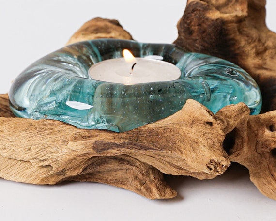 verre soufflé sur bois flotté pour decoration