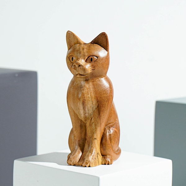 Cute Cat Wooden Sculpture, Unique Wood Carving, Wood Base, Miniature Statue, Animal, Figurine, Room Decor, Holiday Gift, Gift for Sister