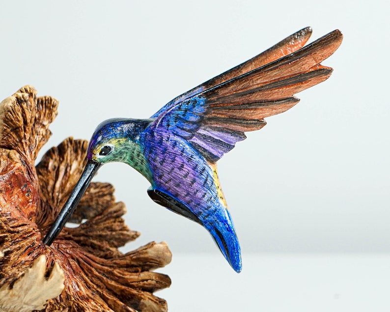 Colorful Hummingbird Statue, Blue, Painted Sculpture, Wood Carving Figure, Bird Statue, Table Decor, Office Decor, Best Birthday Gift image 9