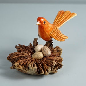 Red Canary Statue, Bird Nest Sculpture, Natural Piece, Egg, Colorful Art, Miniature, Hand-painted Figurine, Bedroom Decor, Gift for Her