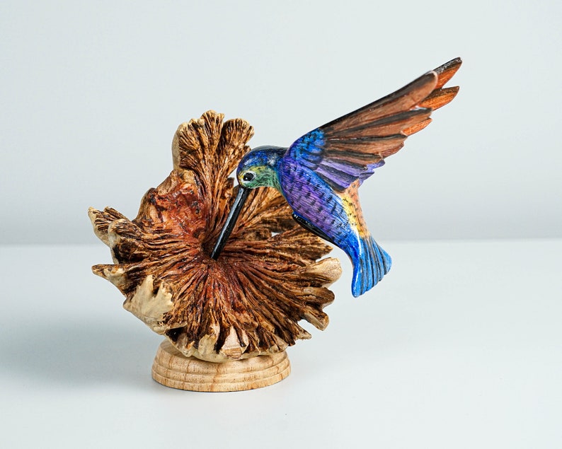 Colorful Hummingbird Statue, Blue, Painted Sculpture, Wood Carving Figure, Bird Statue, Table Decor, Office Decor, Best Birthday Gift image 6