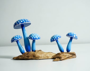 Blue Mushroom Statue, Colorful, Painted Art, Fungi, Unique, Miniature, Wood Carving, Shelf Decor, Patio Decor, Couple Gift, Mothers Day Gift