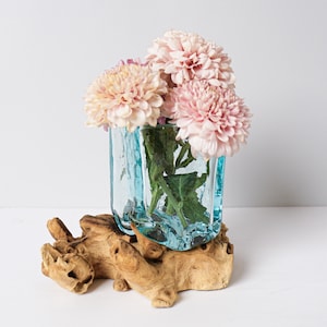 Blown Glass on Driftwood, Vase, Molten Glass, Terrarium Glass, Hand Blown Recycled Glass, Office Decor, Decorative, Unique, Appreciated Gift