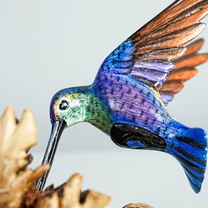 Colorful Hummingbird Statue, Blue, Painted Sculpture, Wood Carving Figure, Bird Statue, Table Decor, Office Decor, Best Birthday Gift image 4