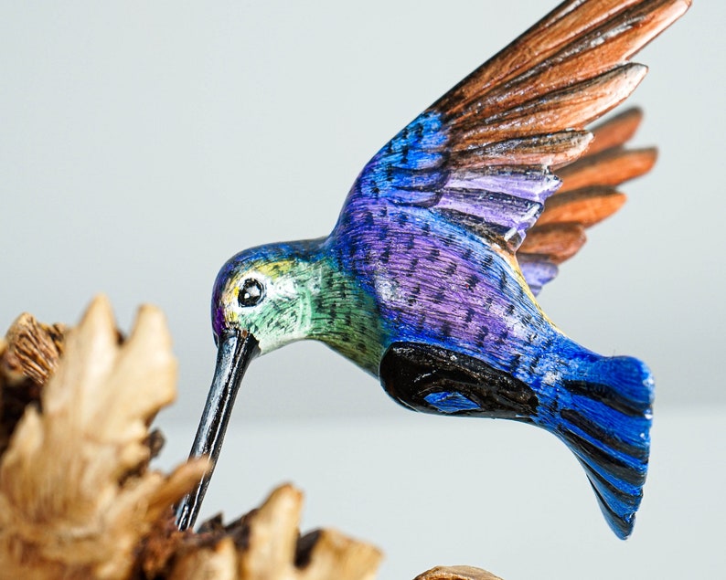 Colorful Hummingbird Statue, Blue, Painted Sculpture, Wood Carving Figure, Bird Statue, Table Decor, Office Decor, Best Birthday Gift image 4