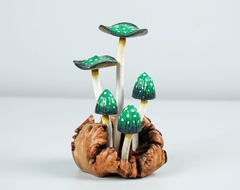 Green Mushroom Sculpture, Colorful Statue, Painted Figurine, Wood Carving, Magical, Kitchen Decoration, Home Decoration, Gift for Girlfriend