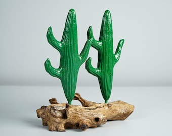 Green Cactus Statue, Couple, Wooden Sculpture, Painted, Saguero, Wood Carving, Bedroom Decor, Bookshelf Decor, Couple Gift, Gift for Him