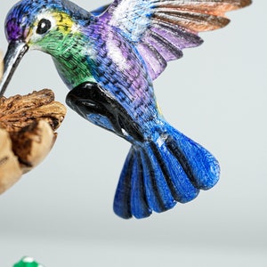 Blue Hummingbird with Green Mushrooms Statue, Painted Sculpture, Wood Carving, Unique Art, Bird Figurine, Christmas Decor, Best Friend Gift image 7