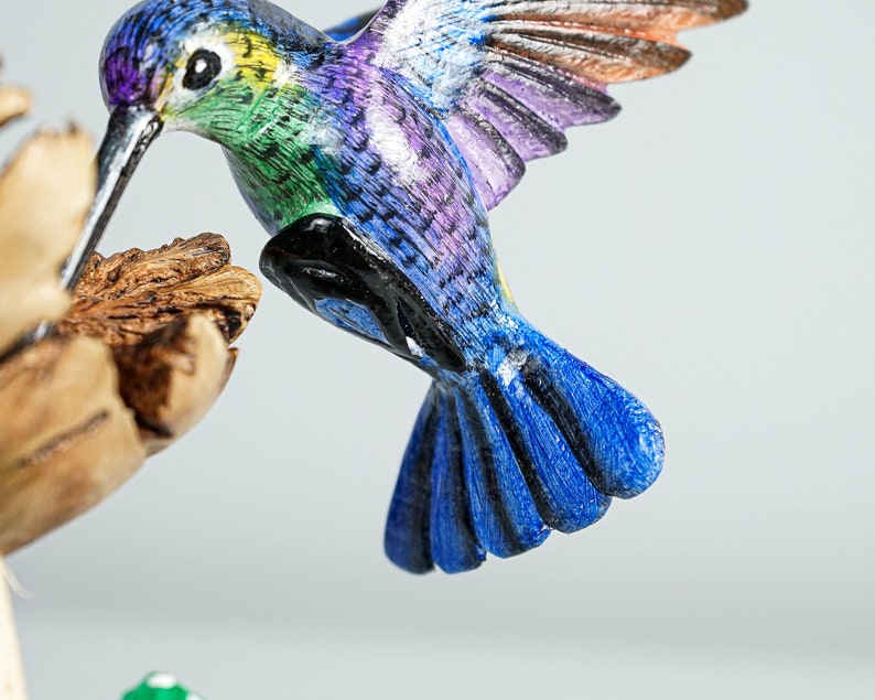 Blue Hummingbird with Green Mushrooms Statue, Painted Sculpture, Wood Carving, Unique Art, Bird Figurine, Christmas Decor, Best Friend Gift image 7