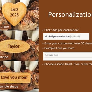 May include: Wooden personalized shapes in heart, oval, and rectangle forms. The heart shape displays "J&D 2025", the oval shape says "Taylor", and the rectangle says "Love you mom". The image also shows instructions for adding personalization.