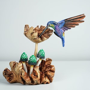 Blue Hummingbird Statue, Green Mushroom, Painted Sculpture, Wood Carving Figure, Bird Statue, Colibri, livingroom  Decor, Personalized Gift