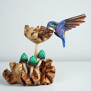 Blue Hummingbird with Green Mushrooms Statue, Painted Sculpture, Wood Carving, Unique Art, Bird Figurine, livingroom Decor, Gift for Him