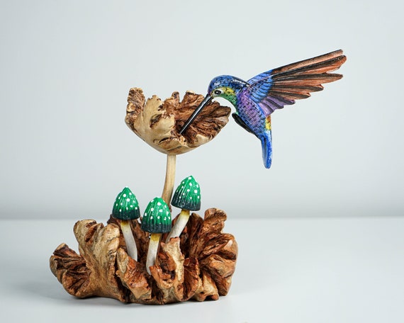 Blue Hummingbird with Green Mushrooms Statue, Painted Sculpture, Wood Carving, Unique Art, Bird Figurine, Gift for Him, Best Friend Gift