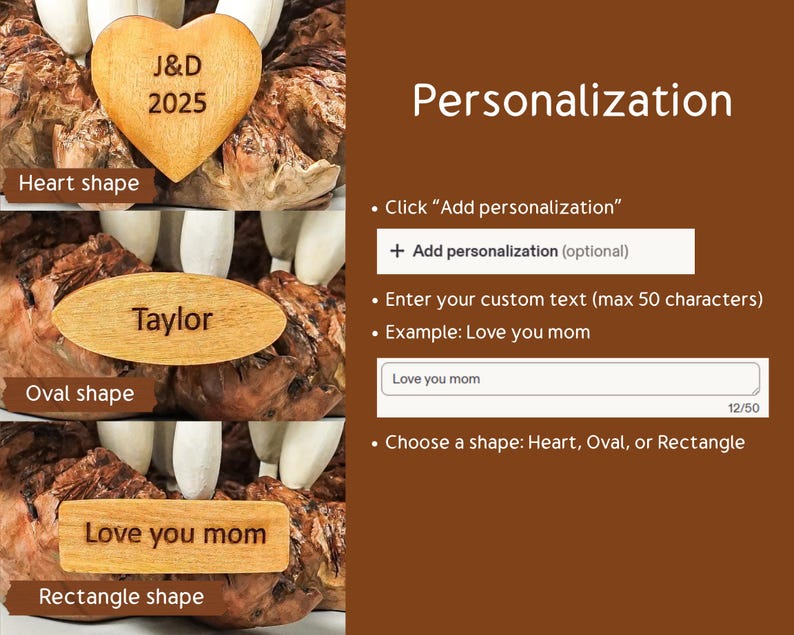 May include: A set of three wooden shapes including a heart with J&D 2025, an oval with Taylor, and a rectangle with Love you mom. The image displays personalization instructions, including a text box and options to choose heart, oval, or rectangle.