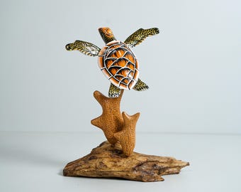 Brown Turtle Sculpture, Sea Turtle, Wood Carving, Ocean, Hand-painted Figurine, Unique, Office Desk Decor, Handmade, Gift for Him