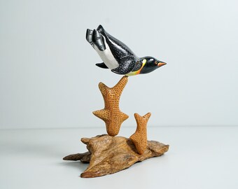 Playful Diving Penguin Sculpture, Swimming Statue, Wooden Art, Painted, Colorful Sculpture, Handcrafted, Beach Decoration, Gift for Her
