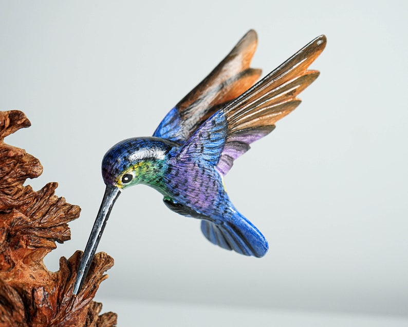 Blue Hummingbirds Statue, Colorful, Duo, Couple, Painted Sculpture, Wood Carving Figure, Bird Statue, Home decor, Wedding Decor, Lucky Gifts image 5
