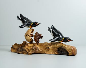 Playful Diving Penguins Sculpture, Swimming Couple, Wooden Art, Painted, Colorful Sculpture, Handcrafted, Beach Decoration, Gift for Her