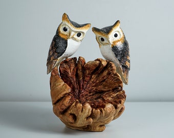 Colorful Couple Owl Statue, Real Looking Owl, Owl Ornament, Handpainted Owl, Painted Owl, Wood Carving Owl, Tabletop Decor, Couple Gift