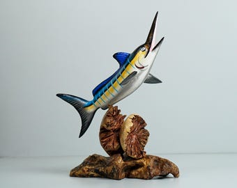 Jumping Blue Marlin Statue, Painted Sculpture, Fish Art, Handmade, Unique Sculpture, Wood figurine, Sea Decor, Christmas