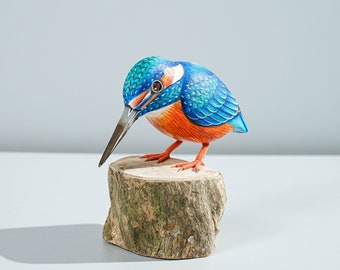 Kingfisher Sculpture, Bird Statue, Animal Ornament, Painted Wood Carving, Living Room Decor, Housewarming, Gift for Dad, Gift for Her