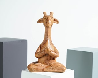 Meditating Giraffe Sculpture, Animal, Yoga, Wood Carving, Wooden Base, Meditation Statue, Figurine, Handmade, Office Decor,  Happy New Year