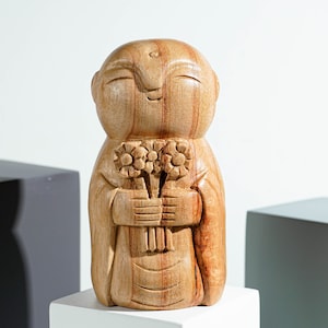 Holding Flower Jizo Statue, Buddha Sculpture, Wood Figurine, Meditation, Wooden Jizo, Antique, Spiritual Decor, Birthday Gift for Mother