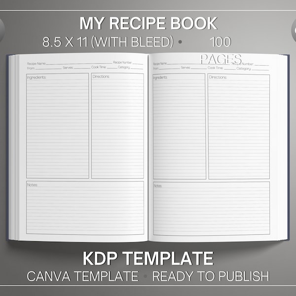 My Recipe Book • CANVA Template • 8.5x11 inches (with bleed) • Commercial Use • Editable • KDP Template