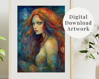 Beautiful Mermaid Digital Download, Mermaid Wall Art, Modern Art, Mixed Media Art, Wall Art Aesthetic, Mermaid Print, Beach Boho Home Decor