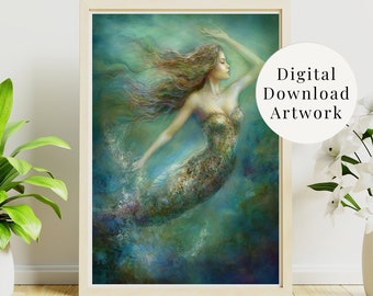 Digital Download Mermaid Art Print, Mermaid Poster, Impressionist Art, Fine Art Poster, PRINTABLE Mermaid Wall Art, Coastal Home Decor