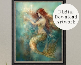 Mermaid Impressionist Art Print, Coastal Home Decor (Digital Download)