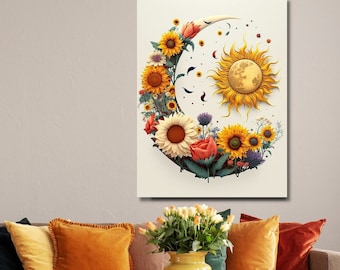 Bloemenmaan, zonnebloemprint, digitale download, posterkunst, zonnebloemkunst, maankunst, botanische kunst, hekserijmuurdecoratie, maandecor, zonnebloemen