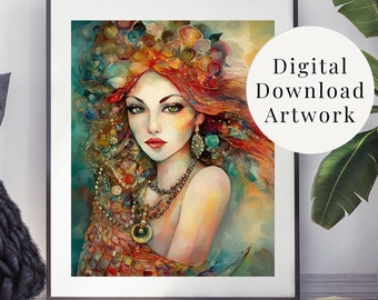 Mermaid Art Digital Download, Colorful Wall Art, Modern Art, Mixed Media Art, Wall Art Aesthetic, Mermaid Wall Art, Beach Boho Home Decor