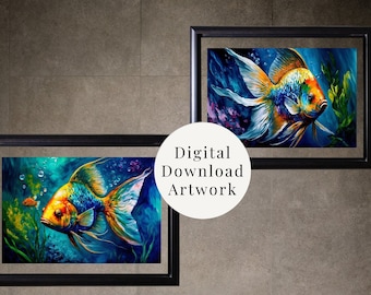 Könnte beinhalten: Zwei gerahmte digitale Kunstdrucke von bunten Goldfischen unter Wasser. Das Kunstwerk zeigt leuchtende Blau-, Grün- und Orangetöne mit Blasen und Wasserpflanzen. Der Text "Digital Download Artwork" befindet sich in einem weißen Kreis.