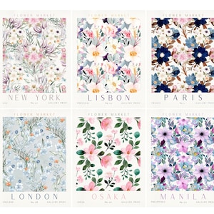 Flower Market Prints, Set of 6, London, Manila, New York, Paris, Watercolor Flowers, Printable Wall Art, Gallery Wall Set, Flower Market Set