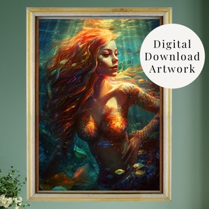Mermaid DIGITAL Art Print, Mermaid Poster, Siren, Sea Nymph, Water Goddess Poster, PRINTABLE Mermaid Wall Art, Coastal Home Decor