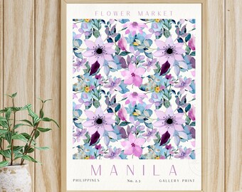Lámina del mercado de flores de Manila, arte mural floral púrpura (descarga digital)