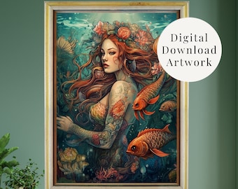 Impresión digital de sirena, decoración de pared, cartel de sirena tatuada, ilustración de AI, bellas artes, arte de pared de sirena imprimible, impresión de arte de fantasía, cartel