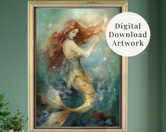 DIGITAL DOWNLOAD Mermaid Art Print, Mermaid Poster, Impressionist Art, Fine Art Poster, PRINTABLE Mermaid Wall Art, Coastal Home Decor