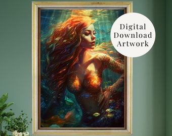 Mermaid Art Print, Siren, Water Goddess, Coastal Decor (Digital Download)