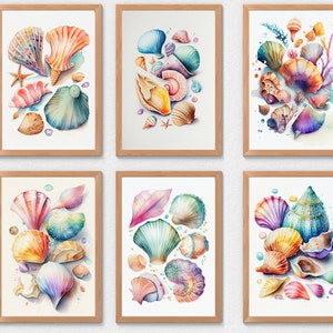 Watercolor Seashell Art Prints, Set of 6 Printable Beach Nursery Decor, Digital Download, Nautical Wall Decor, Modern Sea Shell Home Decor