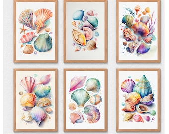 Watercolor Seashell Art Prints, Set of 6 Printable Beach Nursery Decor, Digital Download, Nautical Wall Decor, Modern Sea Shell Home Decor