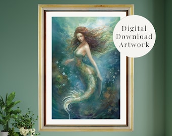 Mermaid Impressionist Art Print, Coastal Home Decor (Digital Download)
