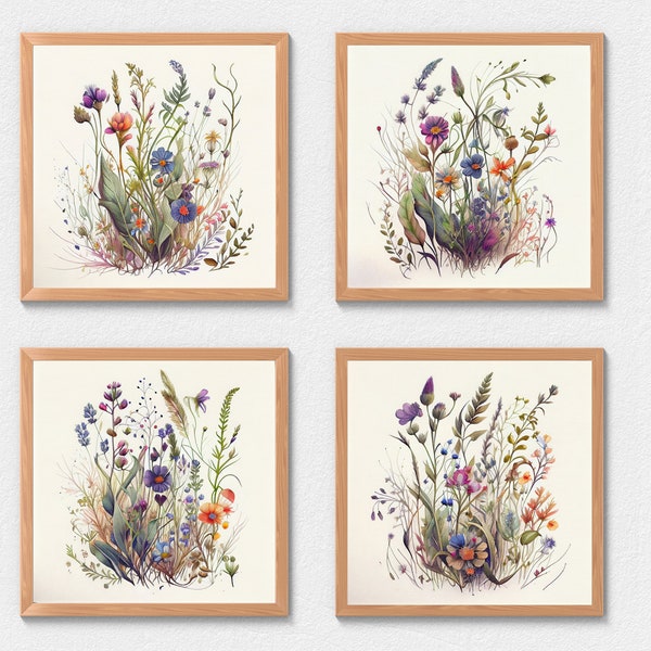 Impressions de fleurs sauvages, ensemble de 4, téléchargement numérique, fleurs aquarelles, printemps, décor de ferme, décoration murale de chambre à coucher de fleurs sauvages, oeuvre imprimable