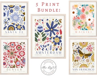 Set of 5 Flower Market Prints, Boho, San Francisco, Amsterdam, Printable Wall Art, Gallery Wall Set, Flower Market Set, Apartment Wall Decor