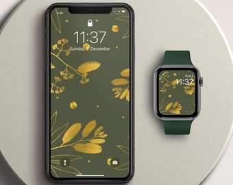 Apple Watchの壁紙ミニマリスト |アップルウォッチフェイス | iPhoneの壁紙 | 壁紙グリーン＆ゴールド